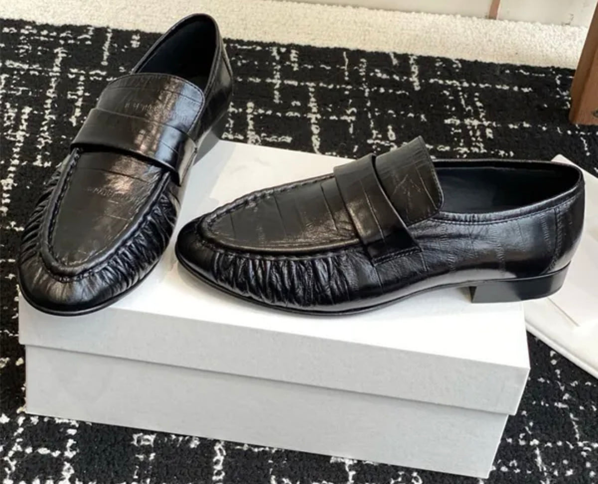 Eel Skin Soft Leather Loafers Black