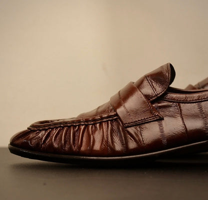 Eel Skin Soft Leather Loafers Brown