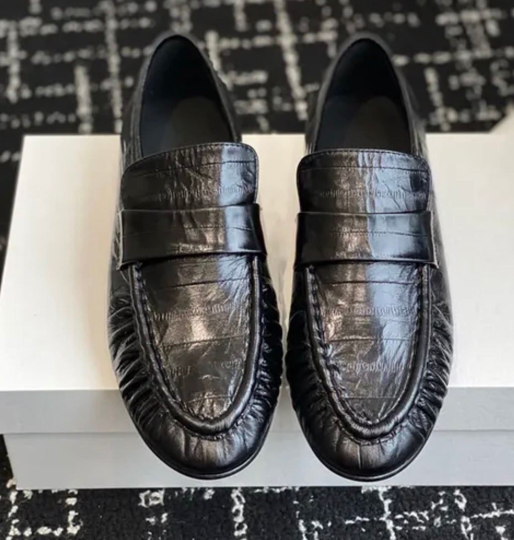 Eel Skin Soft Leather Loafers Black