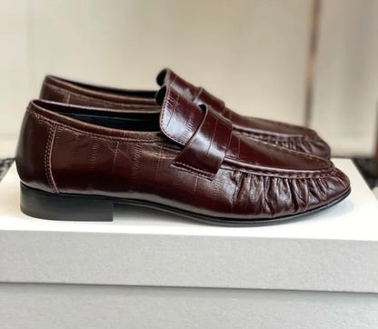 Eel Skin Soft Leather Loafers Brown