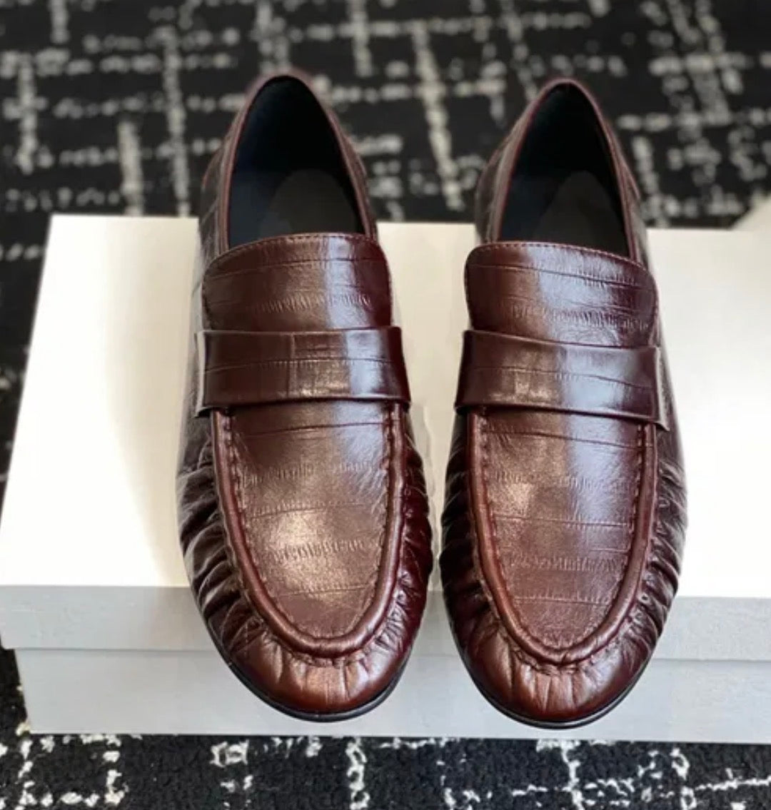 Eel Skin Soft Leather Loafers Brown