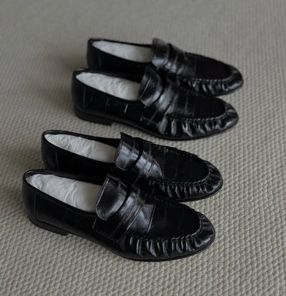 Eel Skin Soft Leather Loafers Black