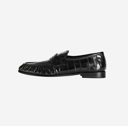 Eel Skin Soft Leather Loafers Black