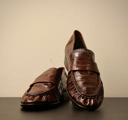 Eel Skin Soft Leather Loafers Brown