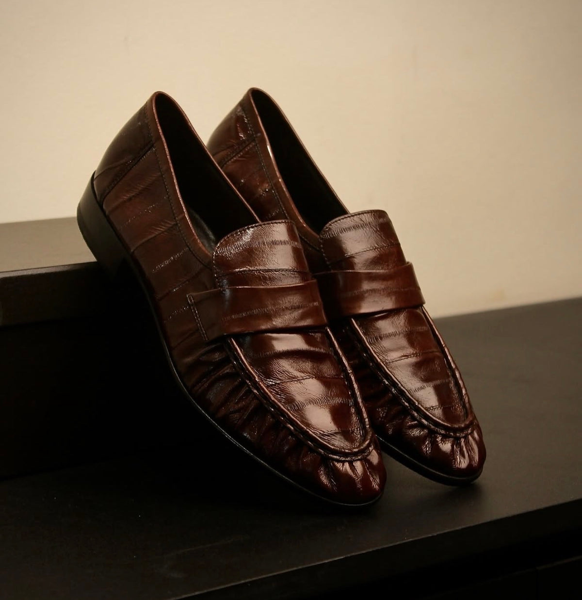 Eel Skin Soft Leather Loafers Brown